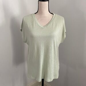 Orvis Women's Sage Green V-Neck SS Tunic Knit Top size XS Oversized Gorpcore Tee